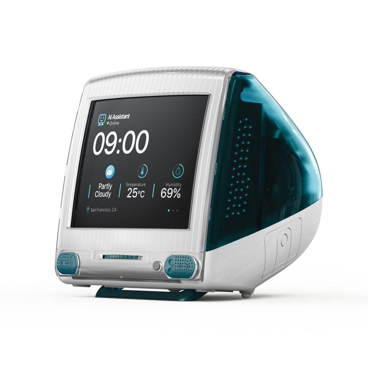 The TIMECAPSULE G3 Neo desk clock, a small iMac G3 style unit in Heritage Blue showing 09:00 with weather, temperature and humidity. Photo: RayCue via raycue.com