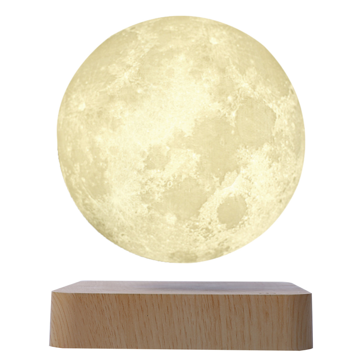 Moon globe floating above a light wood-grain base on a white background