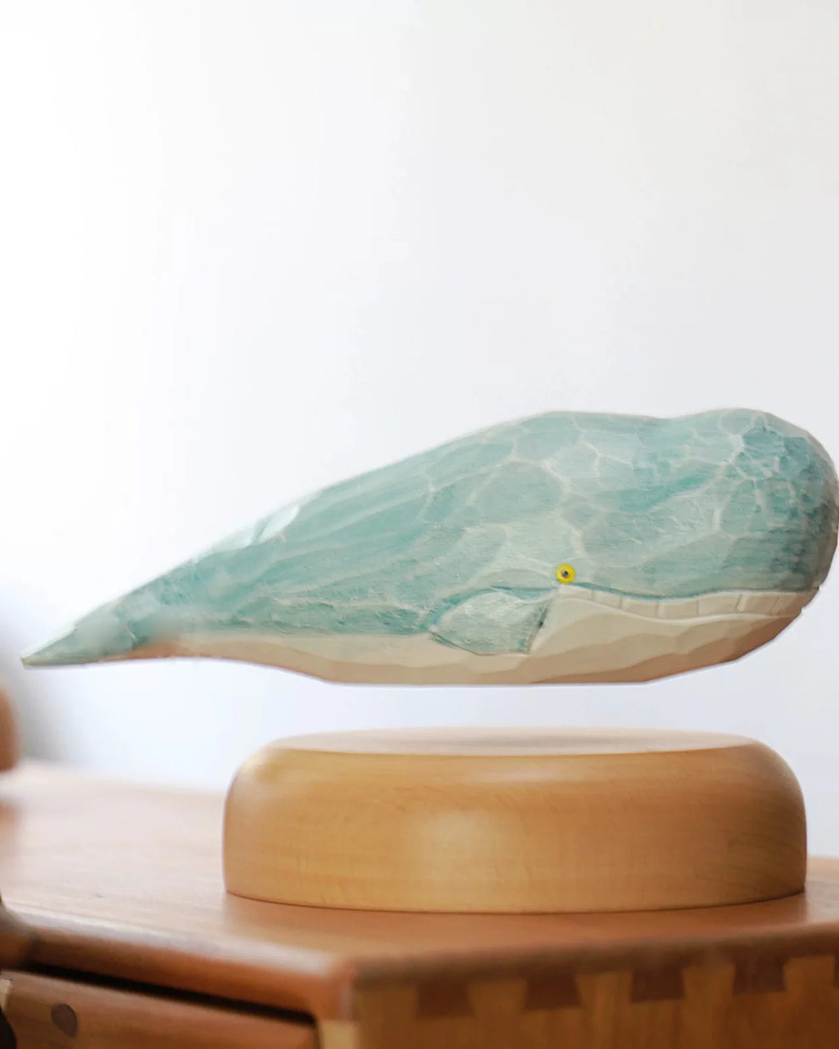 The whale's full length from nose to tail, floating above the round pale wood base.
