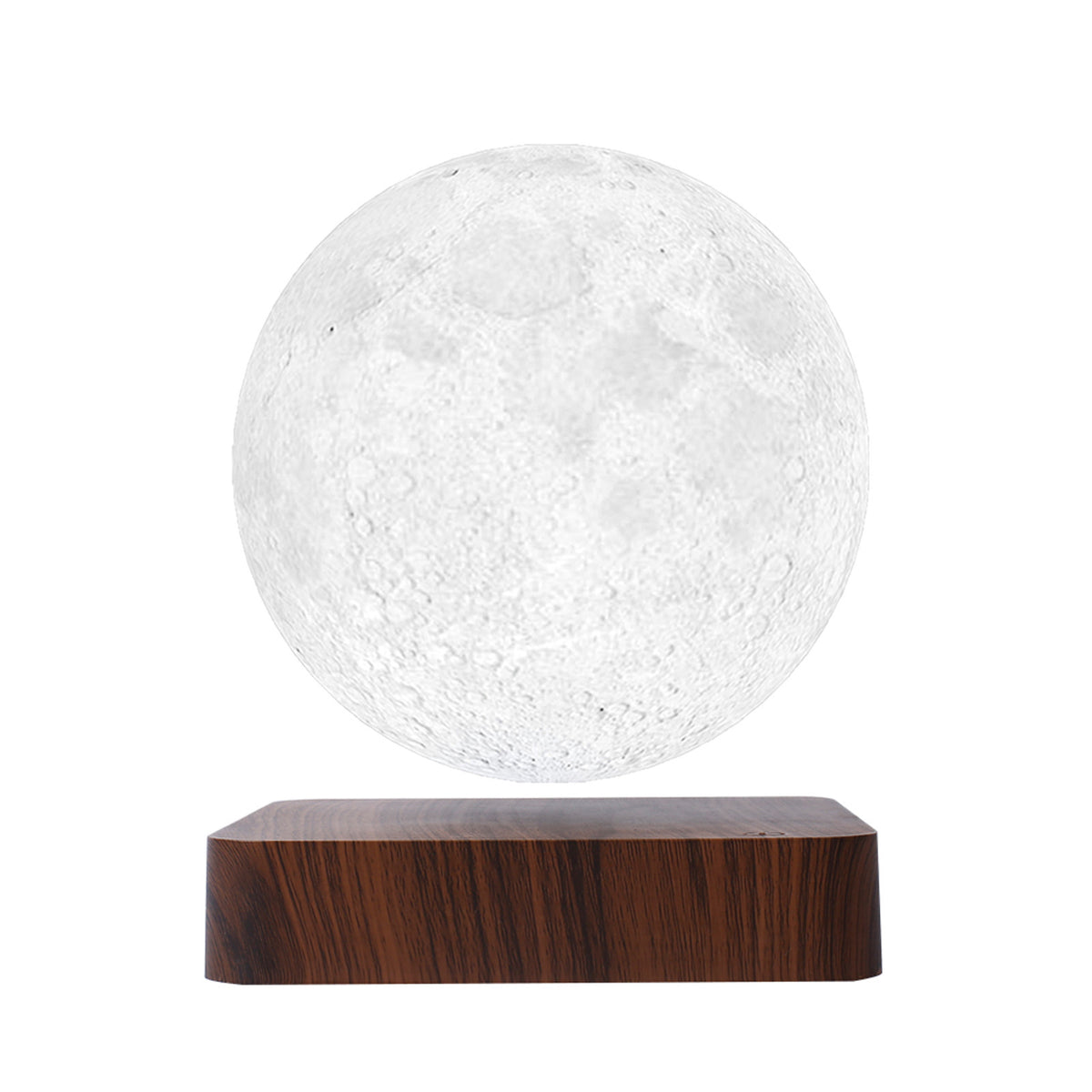 White moon globe floating above a deep wood-grain base
