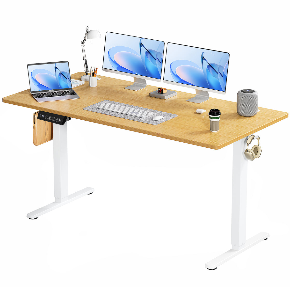 Electric Standing Desk, 63 x 24 in, oak top on white frame