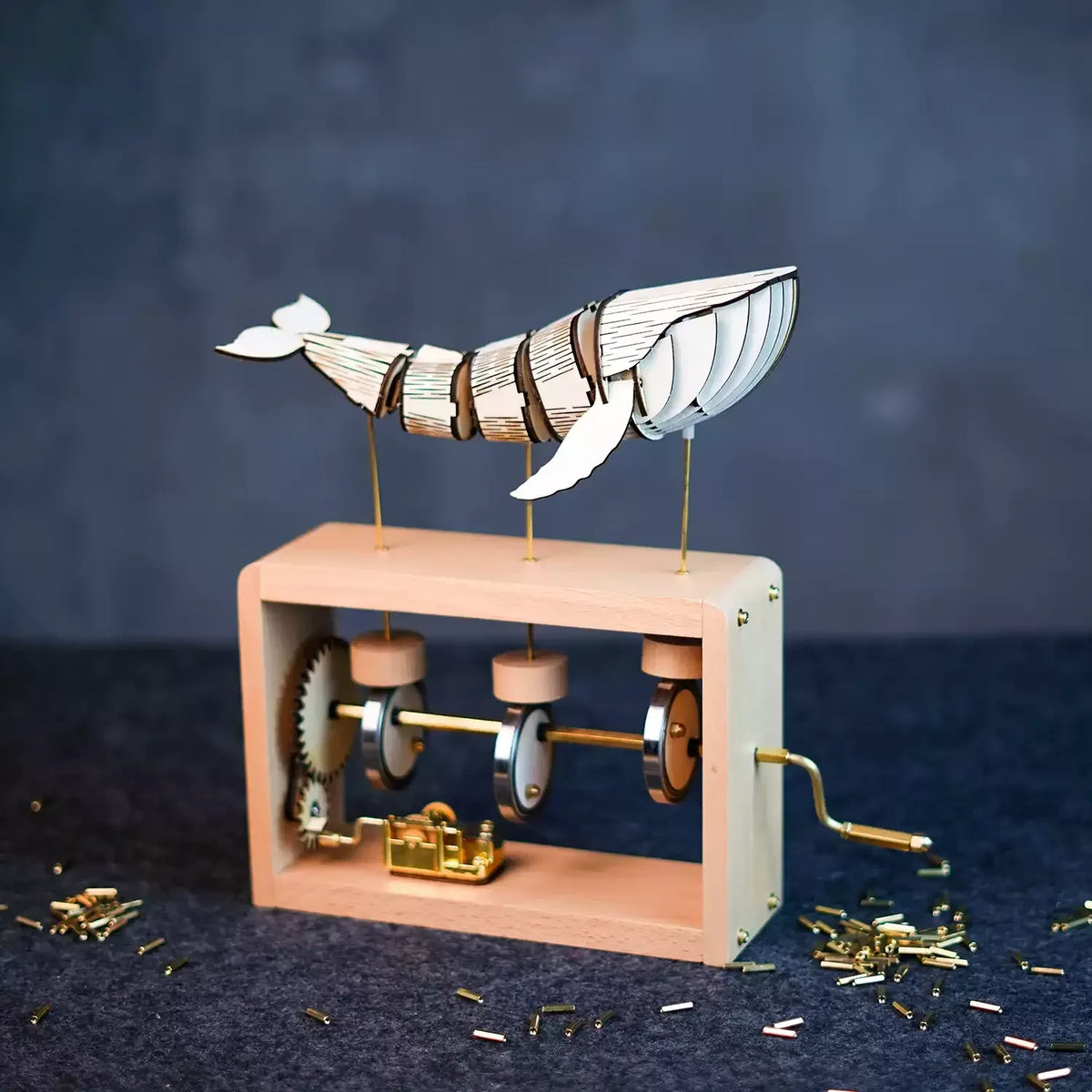 Beech edition on a dark blue cloth: a pale jointed wooden whale on three brass rods above a light beech frame with gears, cams and a gold music box.