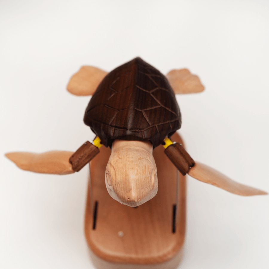 Sea turtle automaton from above and the front, head toward the viewer on its slotted base.