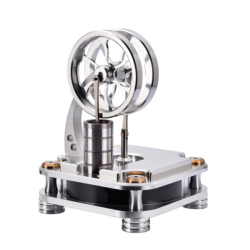 Silver metal Stirling engine with a double flywheel on a white background