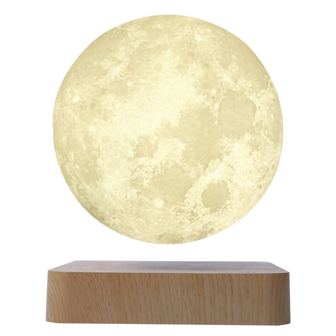 Moon globe floating above a light wood-grain base on a white background