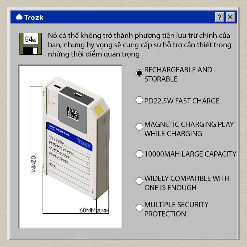 พาวเวอร์แบงค์แม่เหล็ก TROZK TP-09 10000mAh – มัลติฟังก์ชั่นพร้อมพื้นที่จัดเก็บในตัว