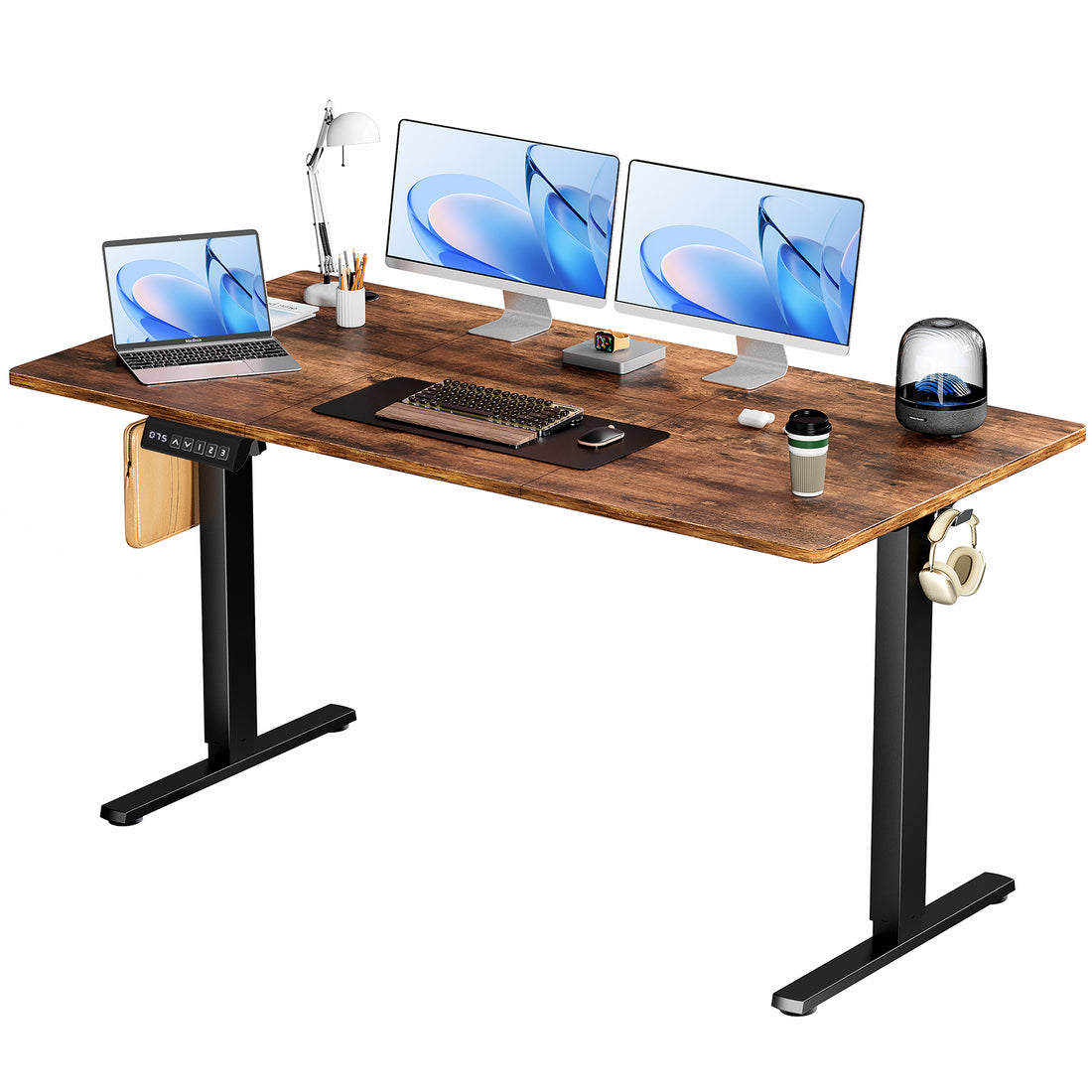 Electric Standing Desk, 63 x 24 in, rustic brown top on black frame