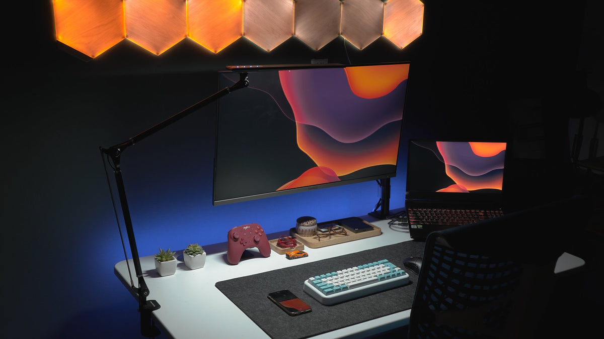 Dark desk under wood hexagon lights
