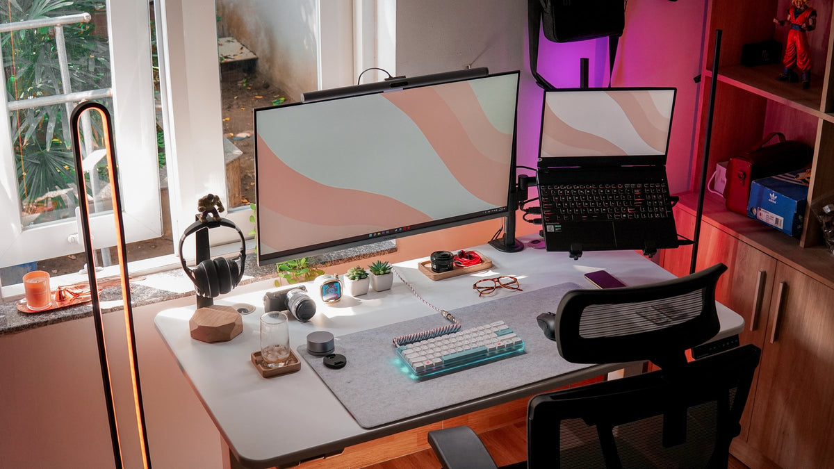 Sunny white desk with a figure shelf