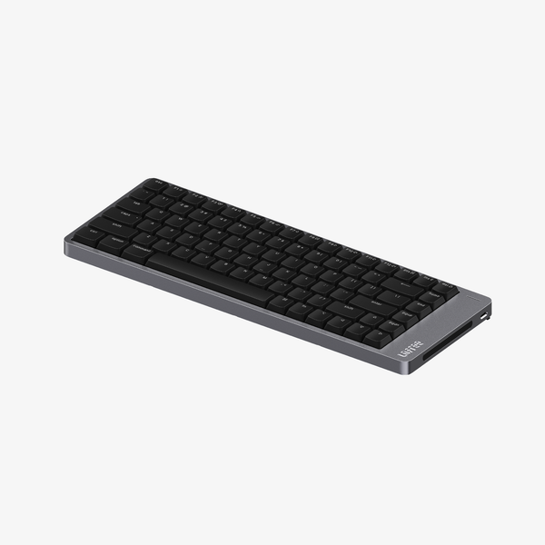 Lofree Flow 2 84 keyboard in Space Gray, angled view from the front left