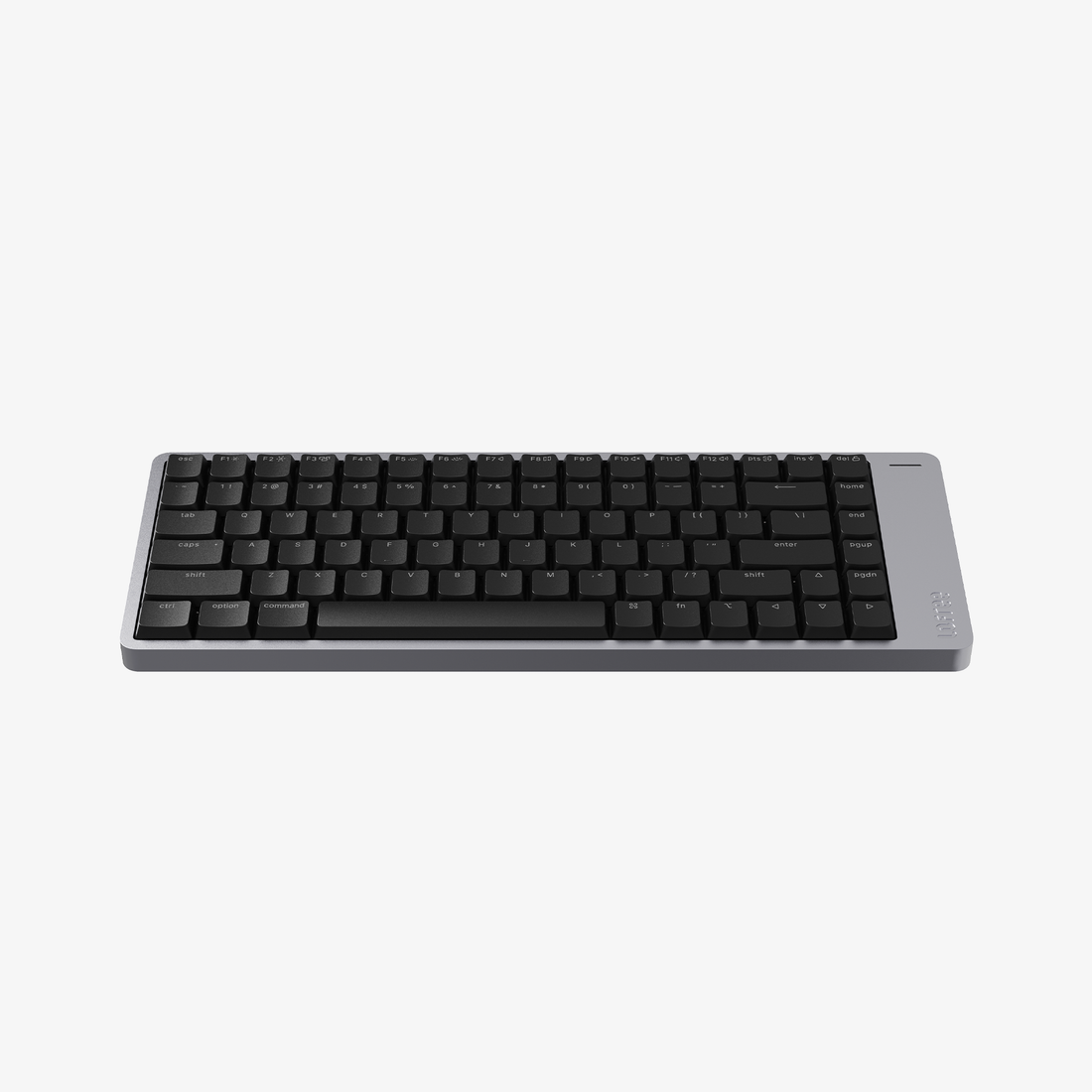 Lofree Flow 2 84 in Space Gray seen from the front, black keycaps on an aluminum frame