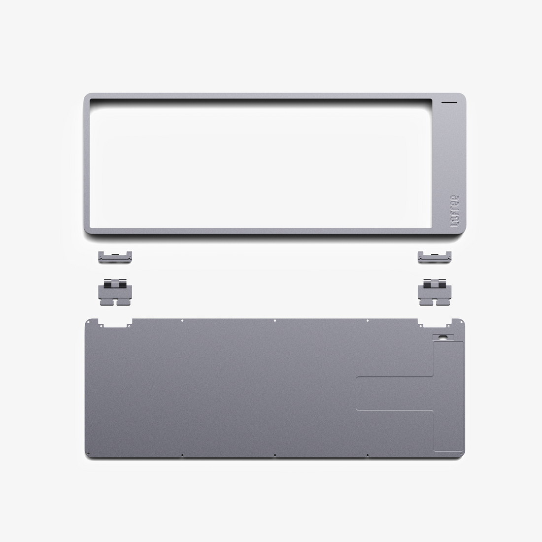 Lofree Flow 2 84 parts laid out: top frame, feet and aluminum bottom case, Space Gray