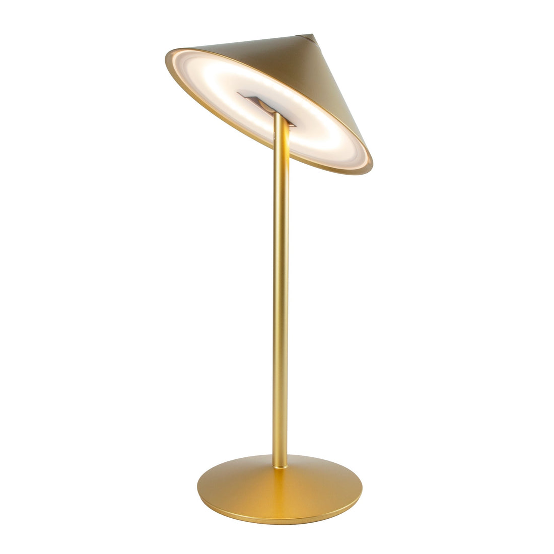 A gold Pina L lamp with its head tilted, lit from underneath