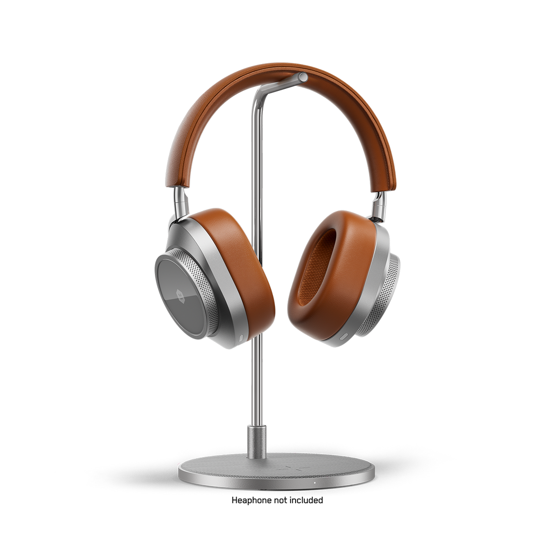 Silver stand holding tan leather over-ear headphones