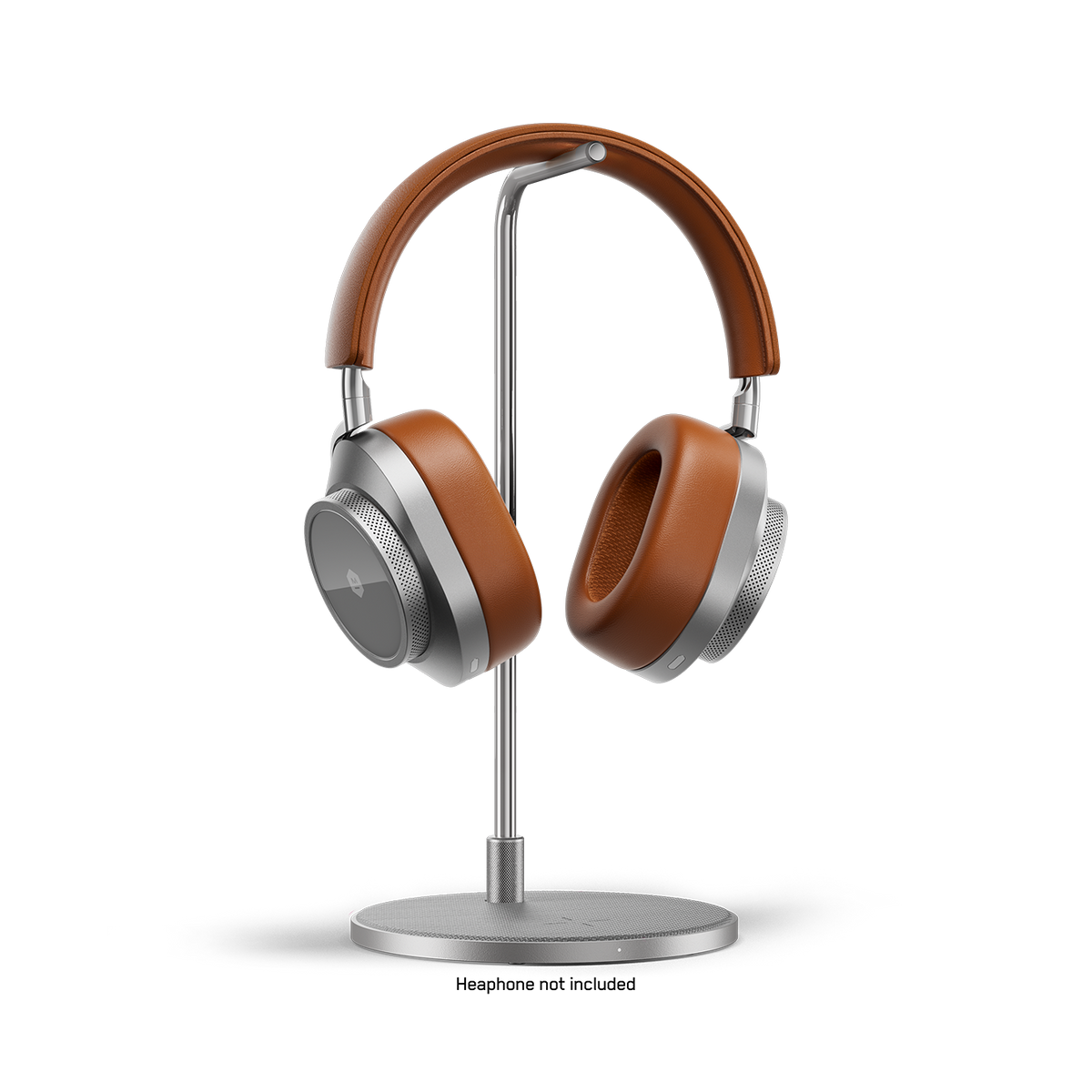 Silver stand holding tan leather over-ear headphones