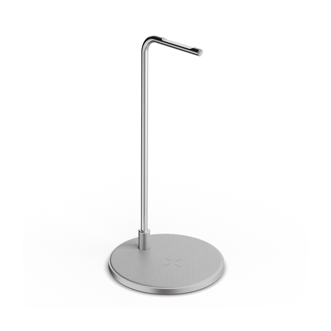 Silver aluminum headphone stand with a round charge pad base