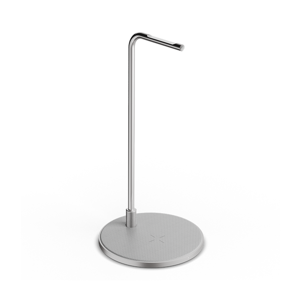 Silver aluminum headphone stand with a round charge pad base