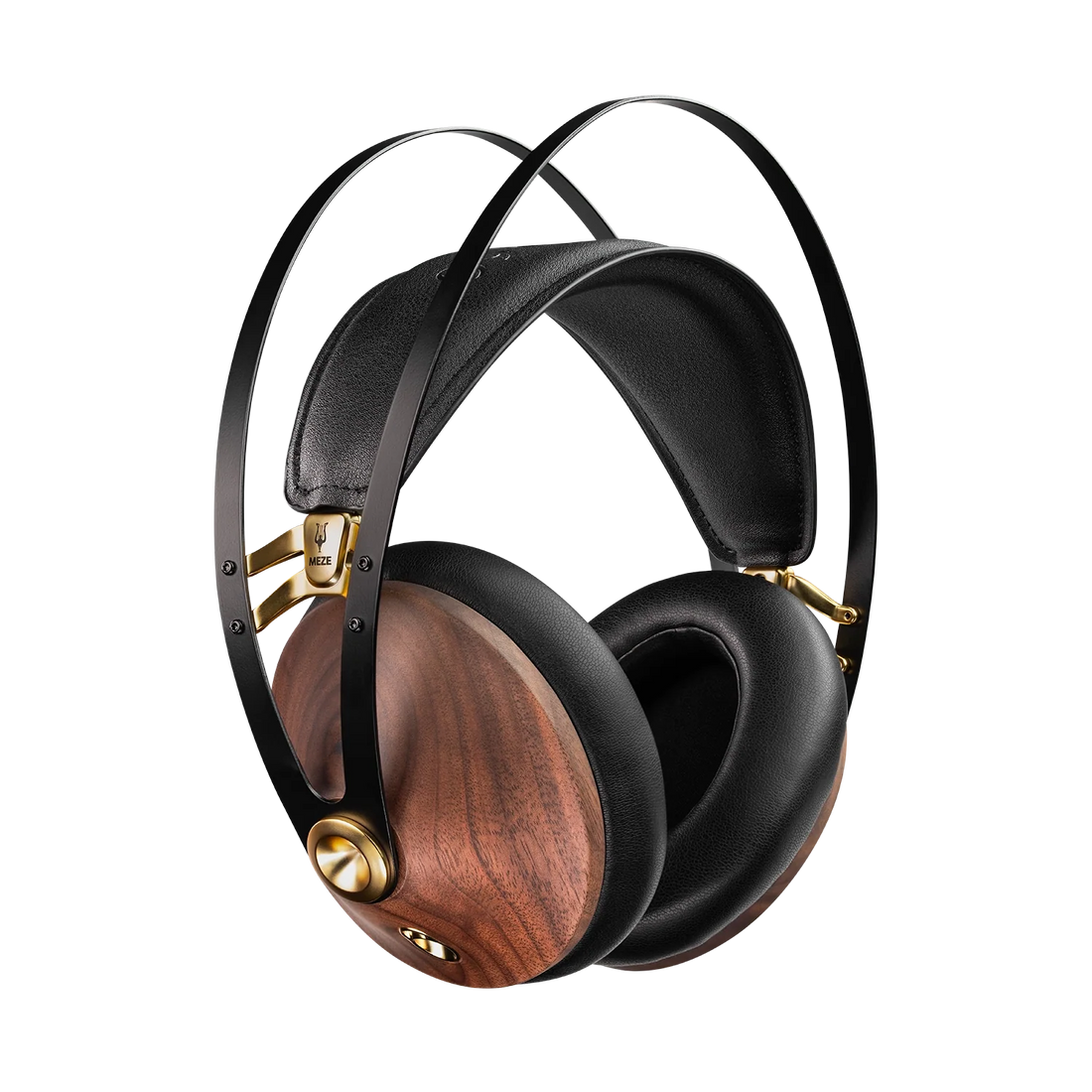Walnut ear cups with gold hardware and a black leather headband on a black background
