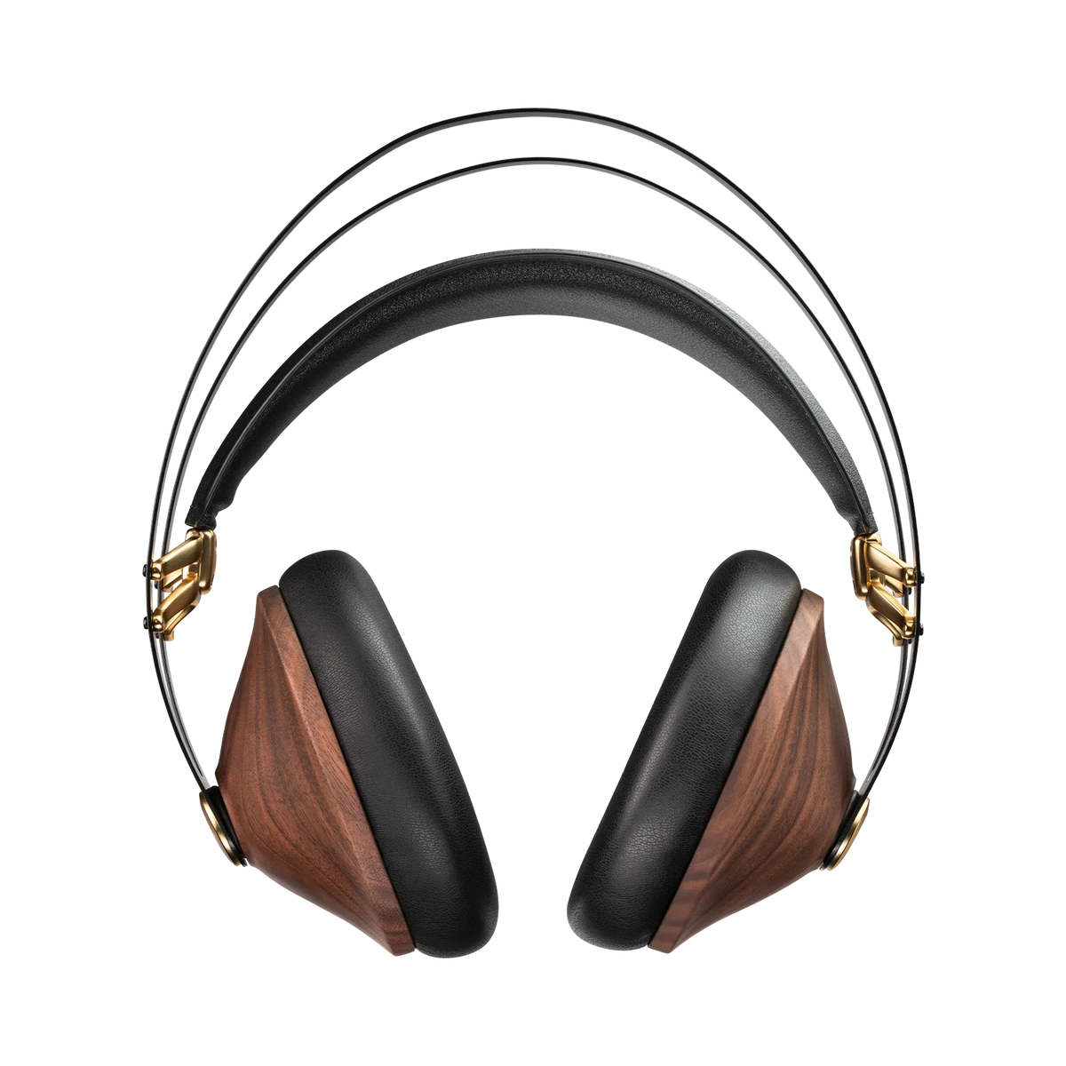 Front view of the headphones showing the tapered walnut cups and the double headband