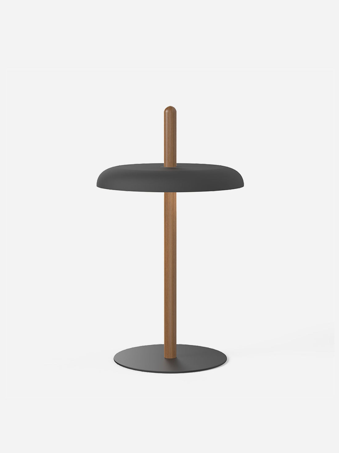 A black shade on a walnut post with a black steel base