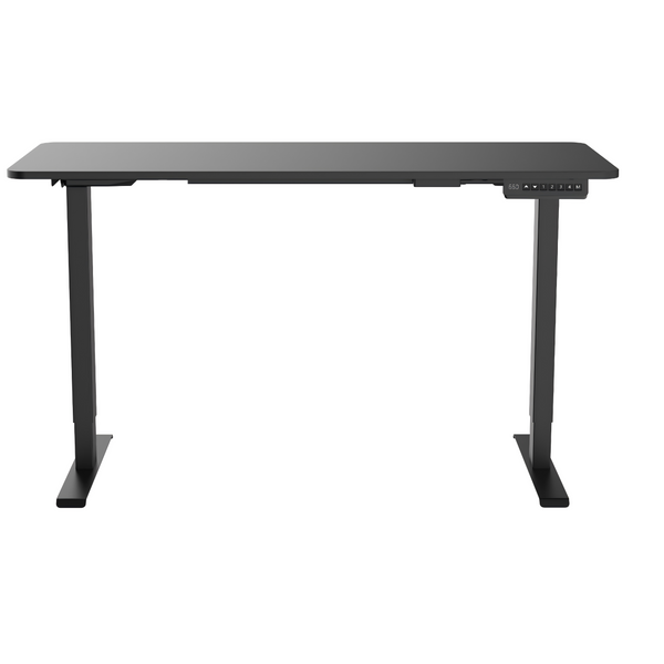 Dual motor standing desk frame, black, with a black desktop, front view