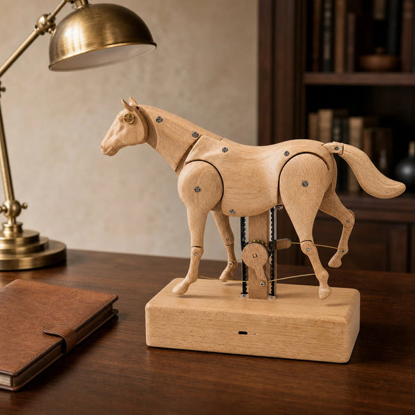 The pale wooden horse on its base on a dark desk under a brass lamp, a bookshelf behind.