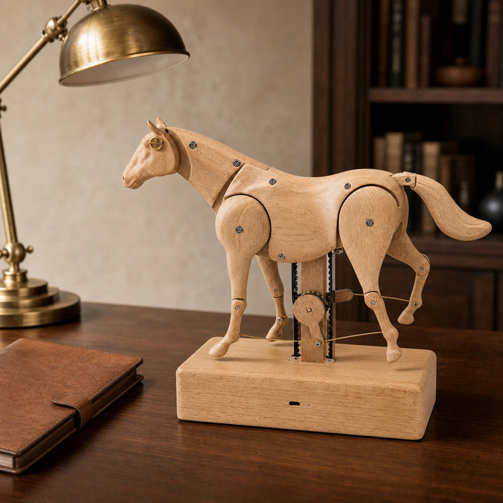 The pale wooden horse on its base on a dark desk under a brass lamp, a bookshelf behind.