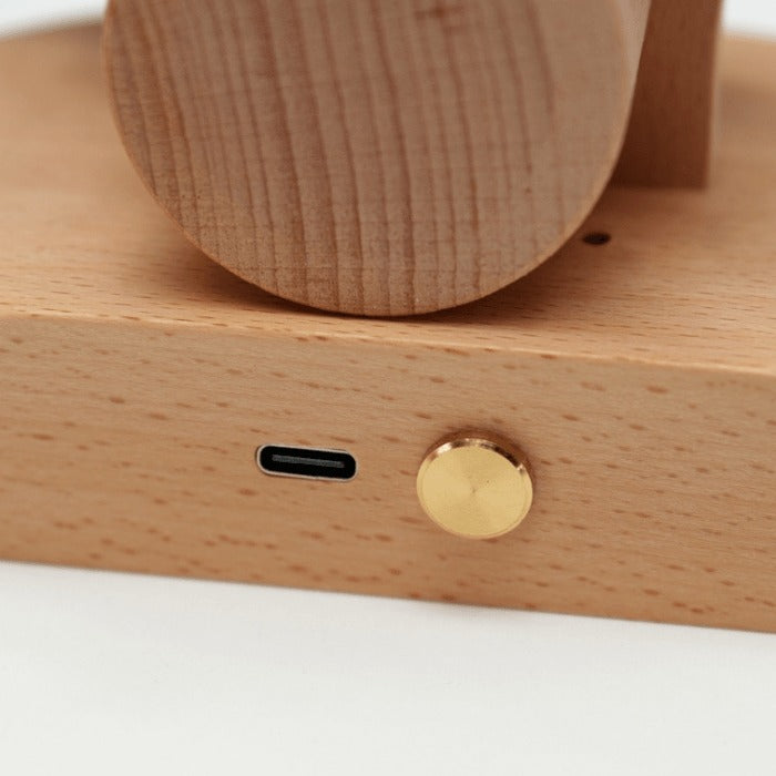 A USB-C port and a small brass button on the side of the pale wood base.