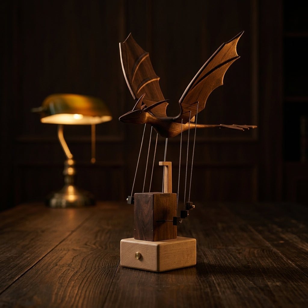 Dark dragon on its tower and pale base in front of a brass lamp, on a dark wooden desk.
