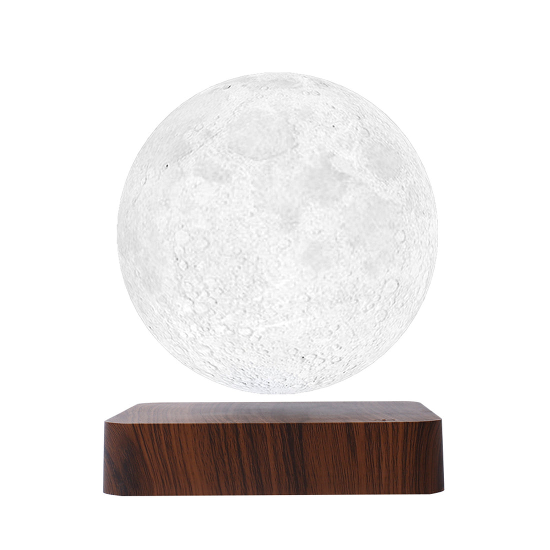 White moon globe floating above a deep wood-grain base