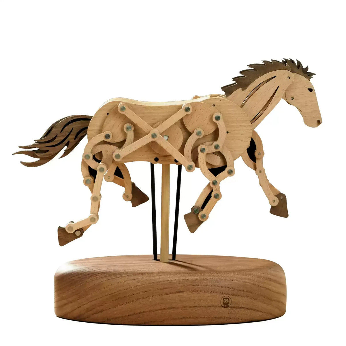 Jointed light wood horse mid-gallop on two dark rods above a round wooden base, white background.