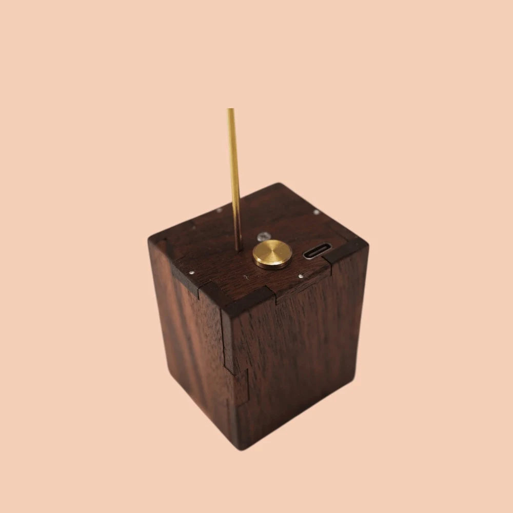 The small dark wood box with finger-jointed corners, a brass button and a slot on top and the brass rod rising from it.