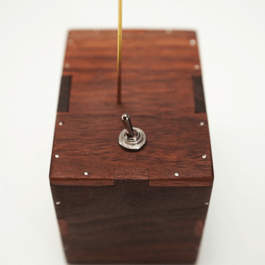 The toggle switch on top of the walnut box with the brass rod rising beside it.
